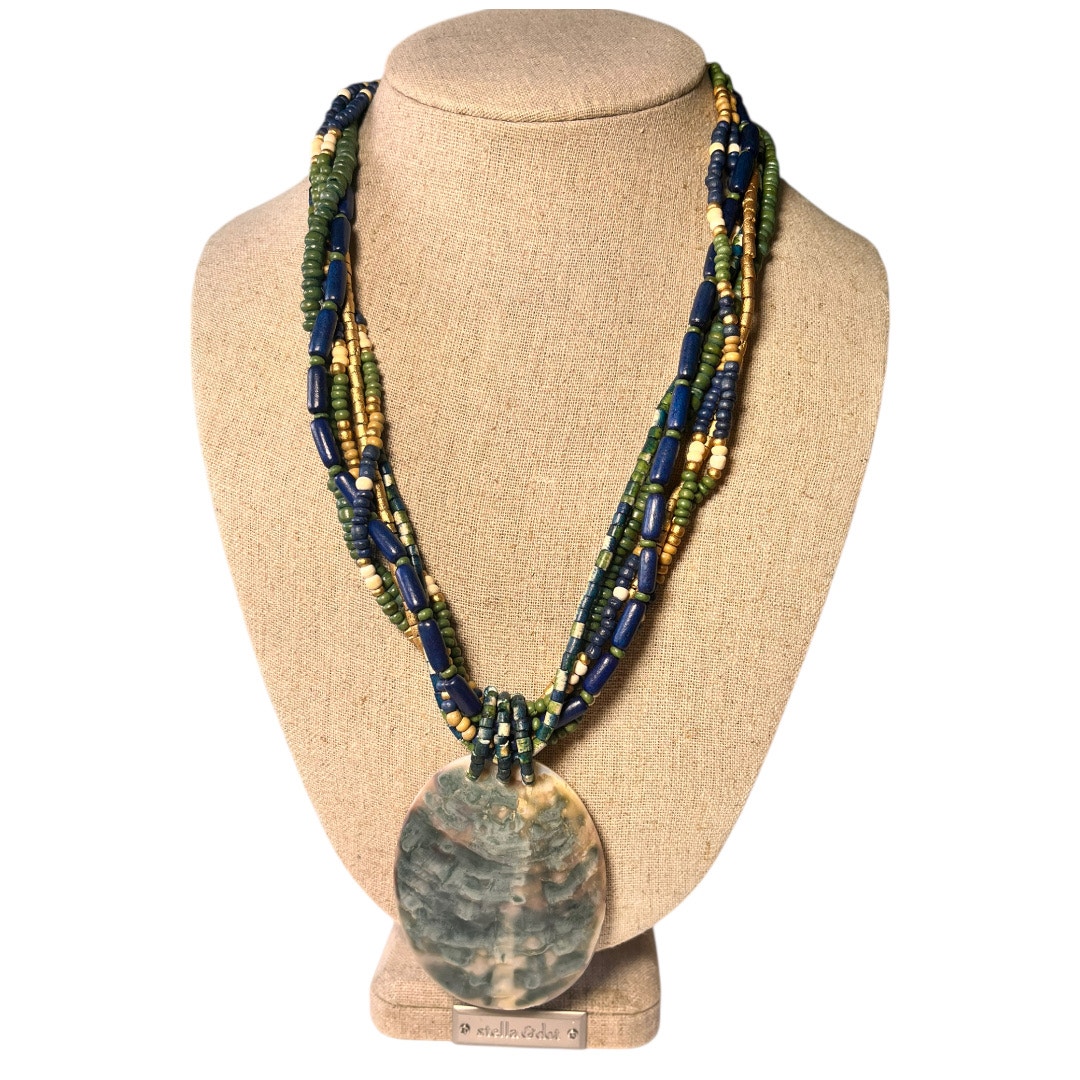 Vintage Womens Abalone Statement Necklace Blue Teal Beaded Wood Jewelry Green